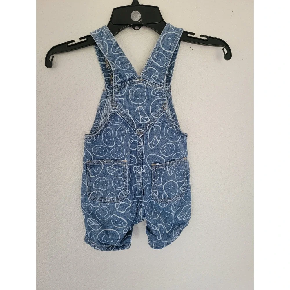 Old Navy Workwear Baby Blue Denim Smiley Face Peace Sign Overalls 12-18 M #8